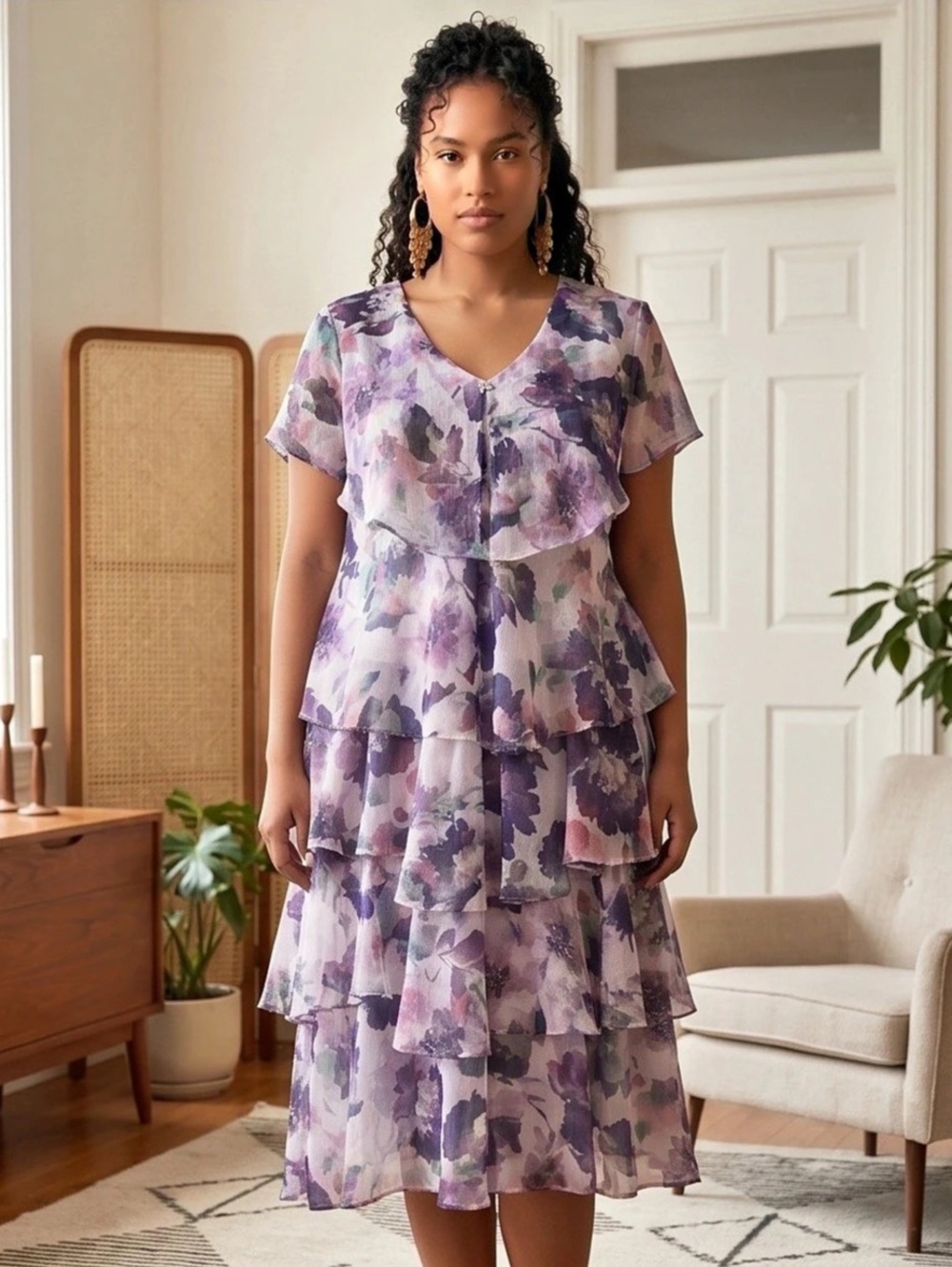 Floral Tiered Midi Dress in Purple & Pink - New